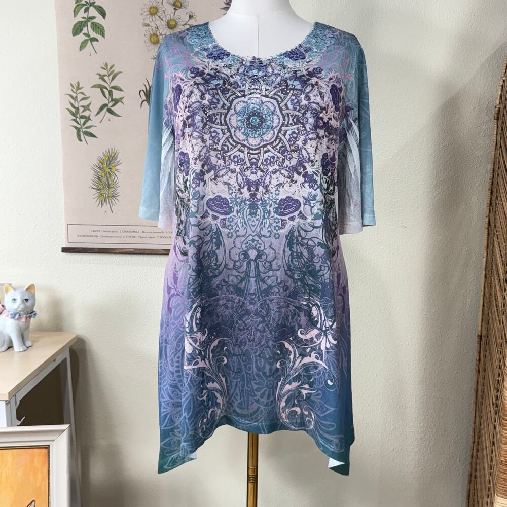 Y2k Asymmetric Rhinestone Lace Tunic Top Fairy Grunge Forest Hippie Boho XL